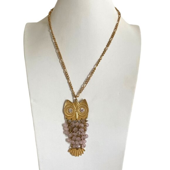 Gold Tone Owl Pendant Large Chain Necklace statement Pink beads - Picture 1 of 8
